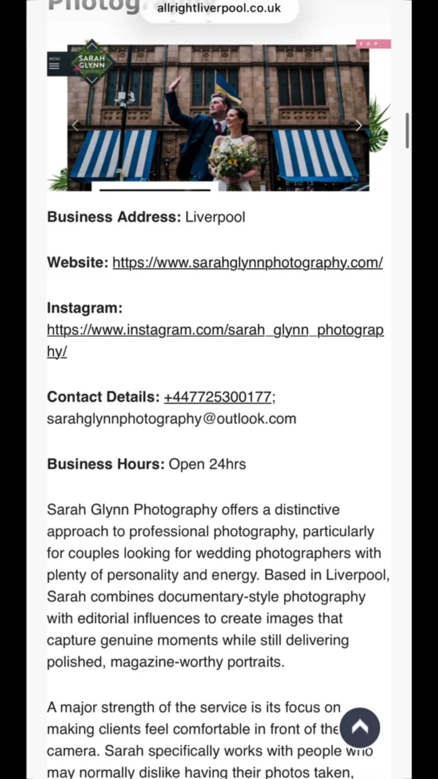LOOK BABY… 😜😜😜😜

NUMBER. ONE.

I’ve just been named #1 in All Right Liverpool’s Top 6 Photographers in Liverpool — and yeah, I’m pretty fucking pleased about it. 😏

They’ve basically described exactly why I do what I do: documentary storytelling, editorial energy, proper personality and absolutely ZERO stuffy photography.

And honestly?
Stuffy photography is out. Fun photography is in. 📸

Massive love to @allrightliverpool for putting me at the top of the list and for such a brilliant write-up. 🖤

If you want your photos to feel like you, but with a little bit of magazine cover energy… you know where to find me.

#SarahGlynnPhotography #AllRightLiverpool #Liverpool #LiverpoolWeddingPhotographer